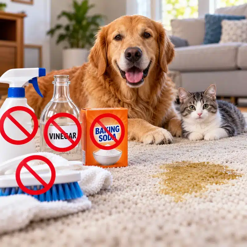 Dog and cat on carpet beside common household cleaning products used for pet odor removal